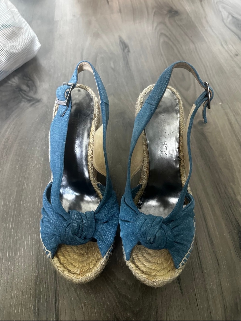 Jimmy Choo Teal Blue Knotted Espadrille Wedge Sandals